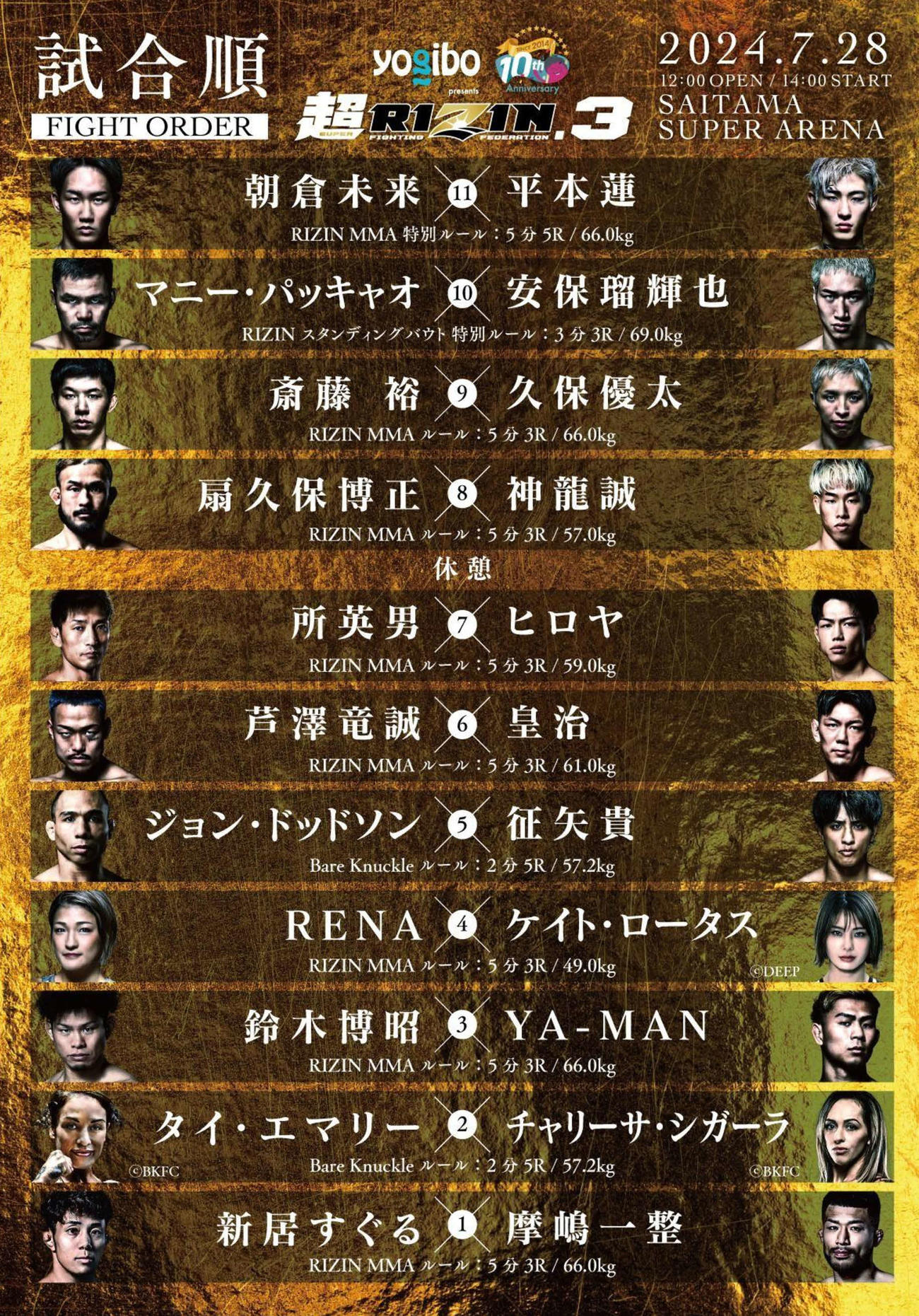 超RIZIN3の全対戦カード　（C）RIZIN FF