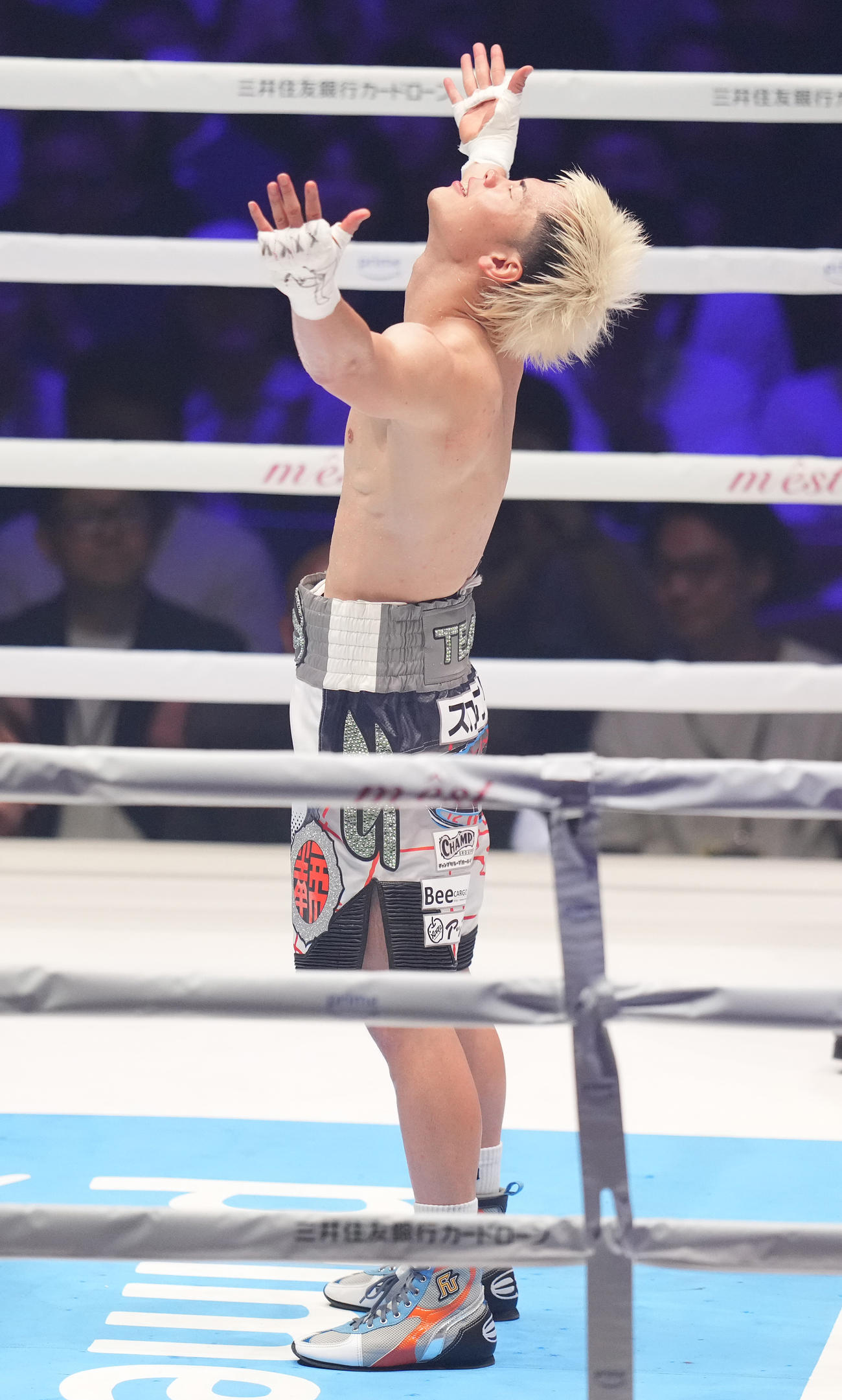 ロドリゲスに3回TKO勝ちし、天仰ぐ那須川（撮影・鈴木みどり）