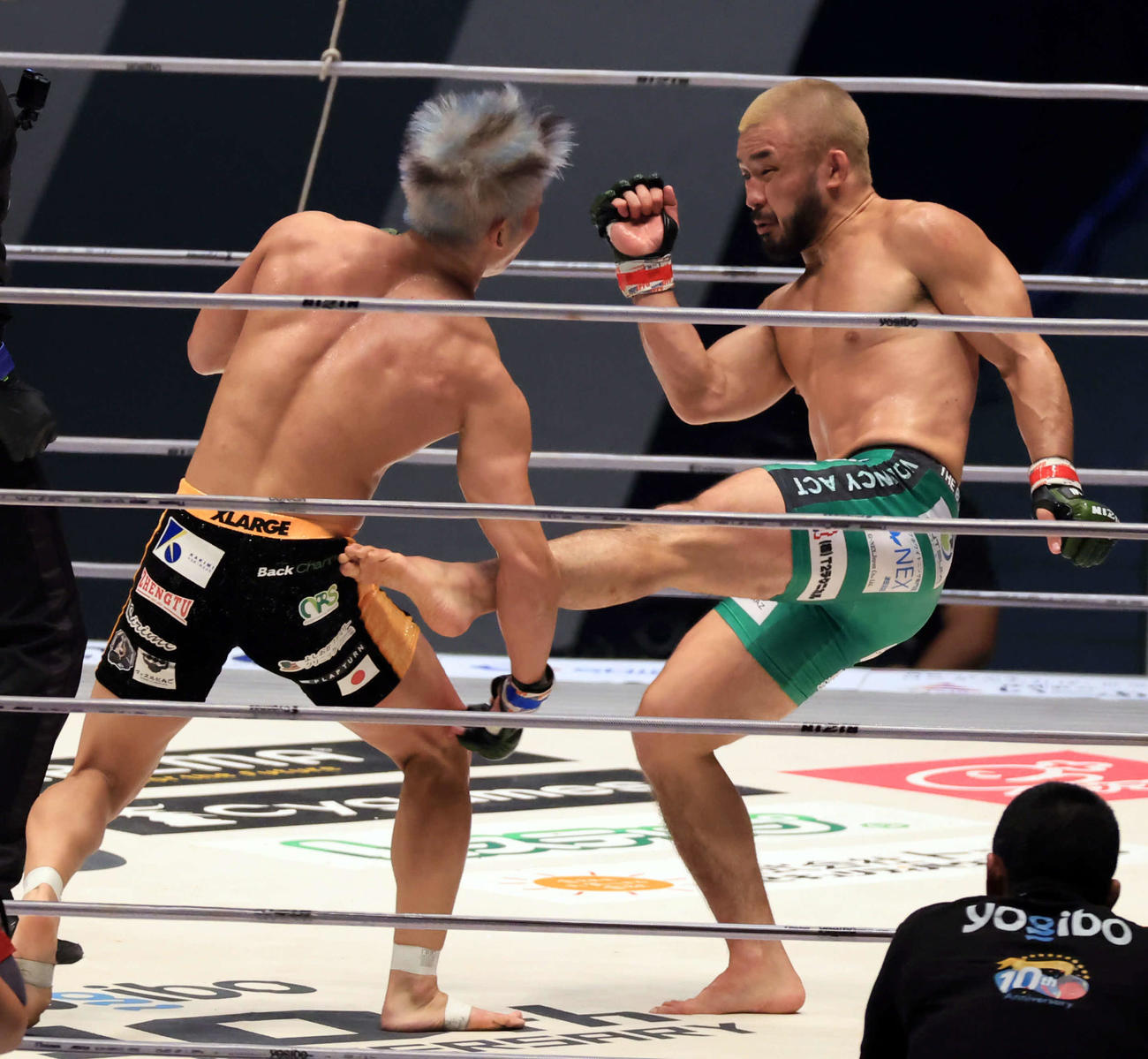 2回、神龍誠（手前）にキックを見舞う扇久保博正（撮影・浅見桂子）