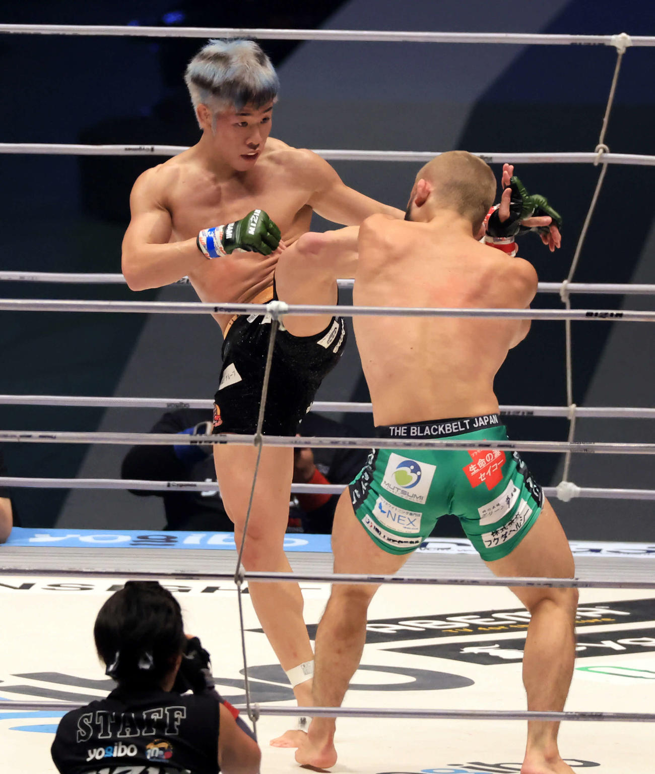 1回、扇久保博正（手前）にキックを見舞う神龍誠（撮影・浅見桂子）