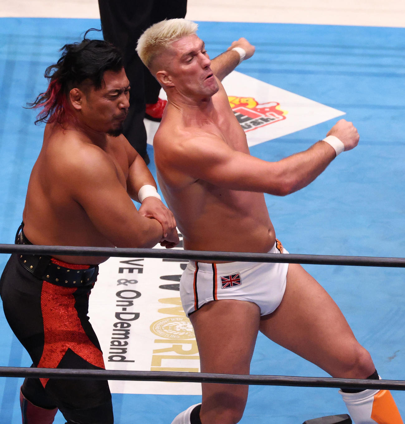 鷹木（左）にエルボードロップを浴びせるザック・セイバーJr．（撮影・中島郁夫）