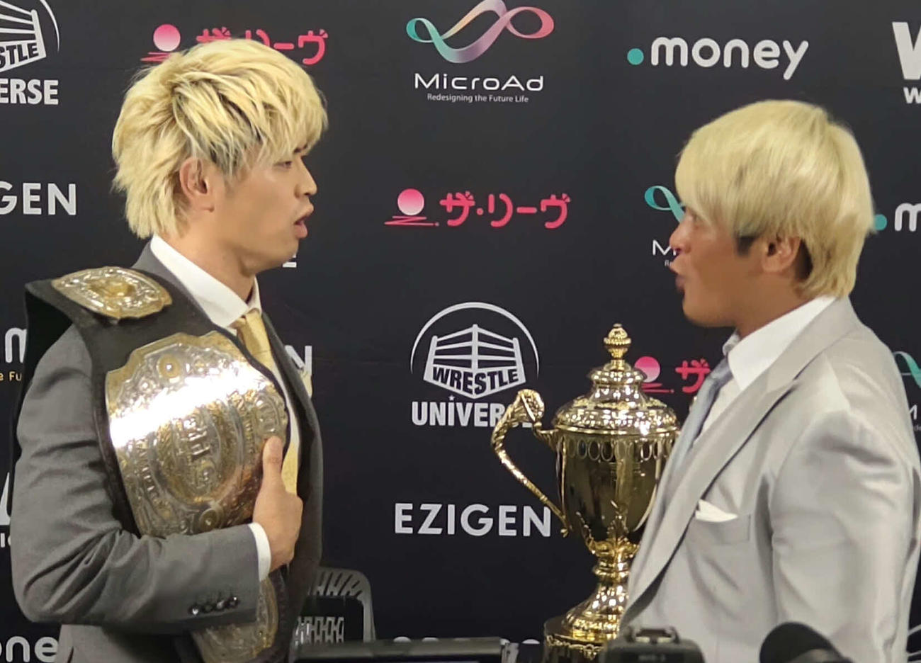 N－1決勝へ向けたフェイスオフでも激しい言葉を交わしたGHCヘビー級王者・清宮海斗（左）と「Mr．めんどくさい」拳王