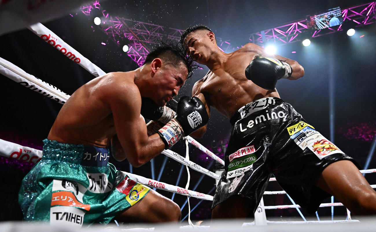 WBO世界バンタム級タイトルマッチ、武居由樹対比嘉大吾　12回、ロープ際で比嘉（左）を攻める武居（撮影・滝沢徹郎）