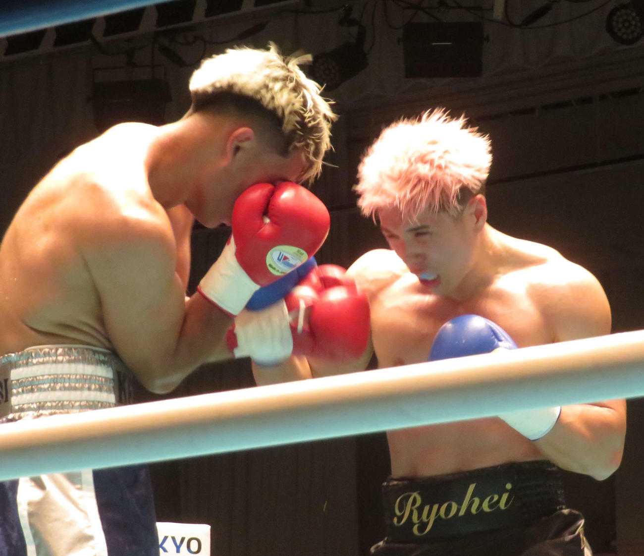 東日本新人王ミドル級準決勝で、吉野健二（左）と打ち合う伊吹遼平