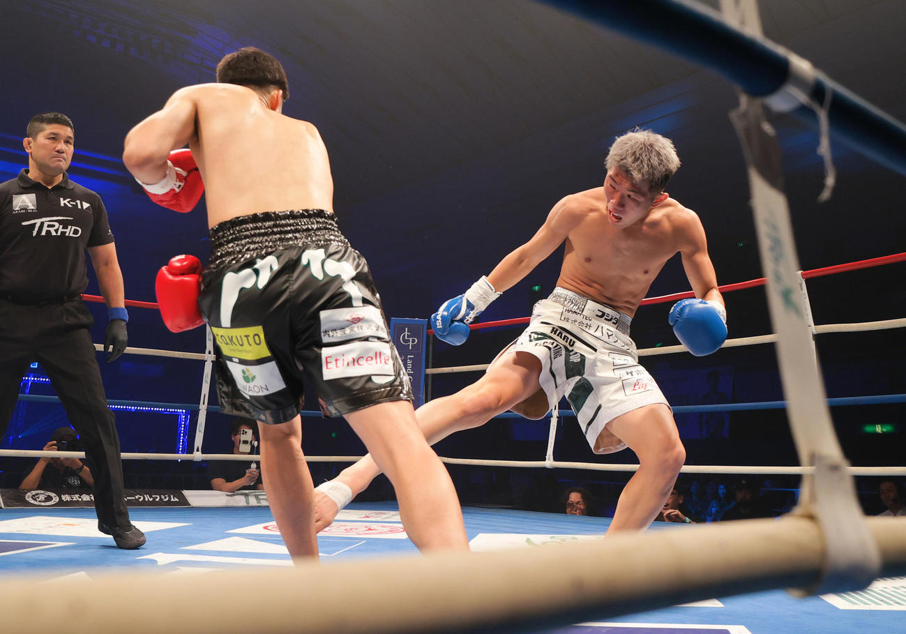 第4試合・ライト級　篠原悠人対古宮晴　1回、キックを浴びせる古宮（右）（撮影・上山淳一）