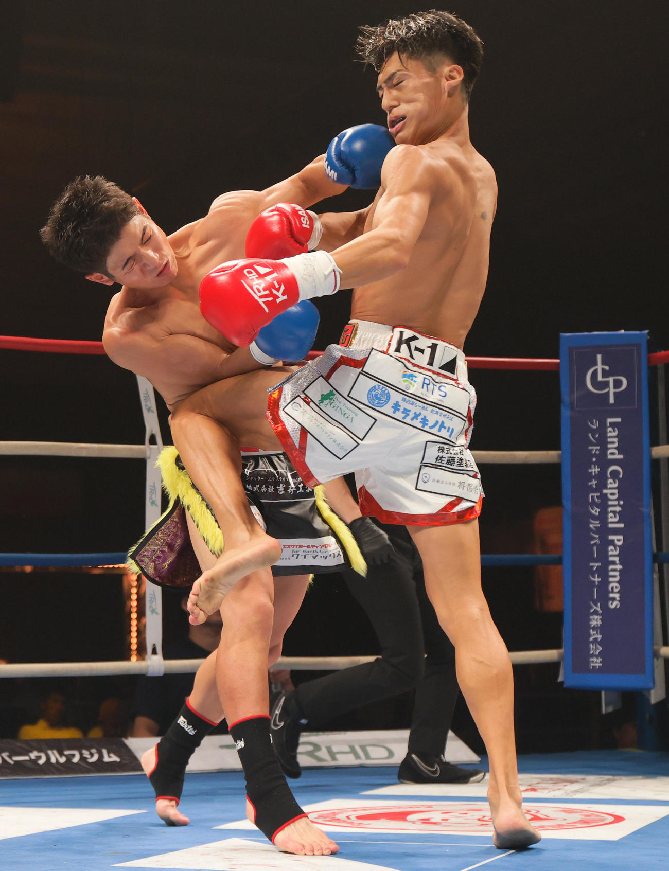 第8試合・フェザー級　斗麗対兼田将暉　ヒザ蹴りでダウンを奪う兼田（右）（撮影・上山淳一）