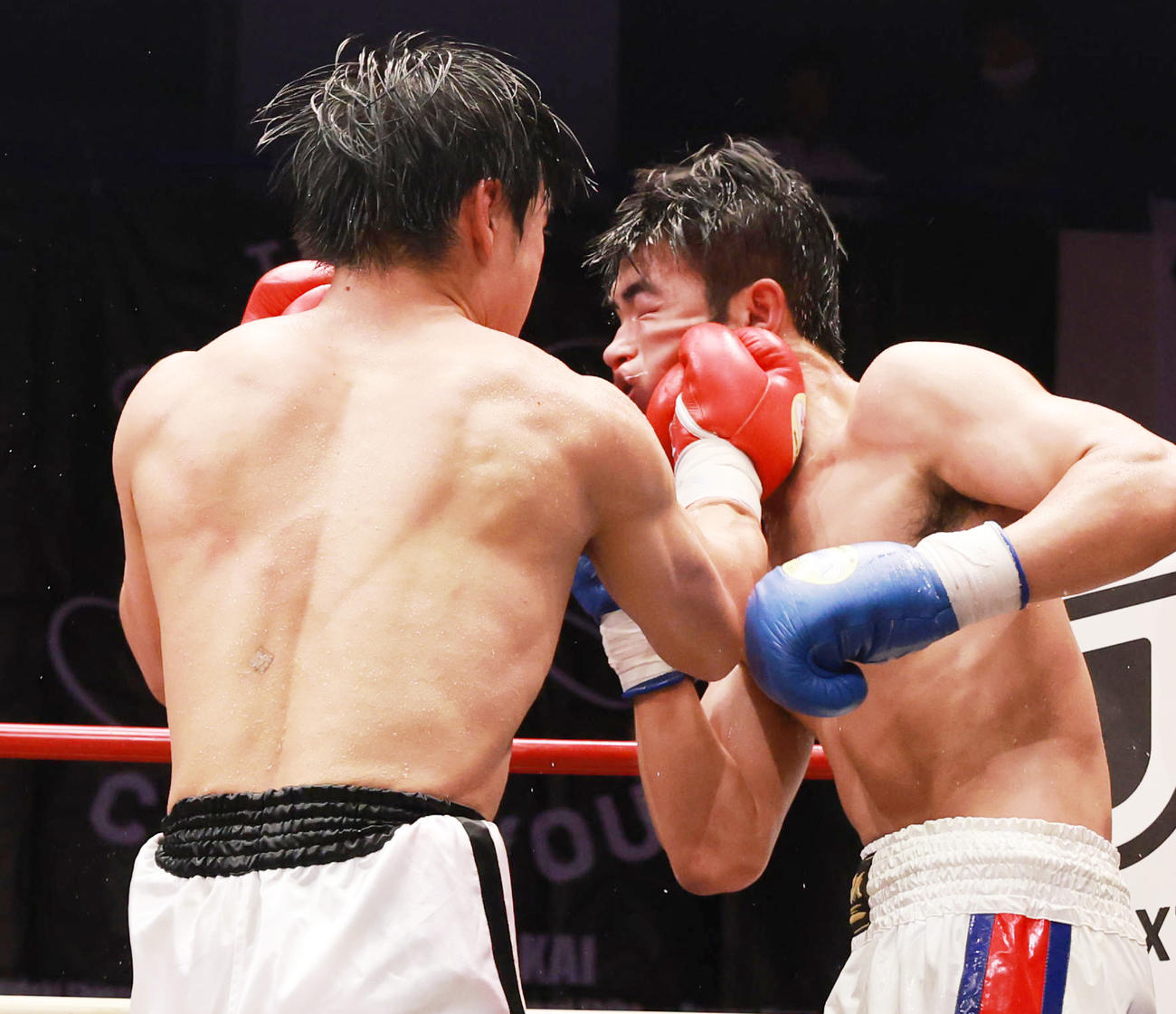 6回、ジャン・ウェンハオ（右）にパンチを繰り出す赤井英五郎（撮影・野上伸悟）