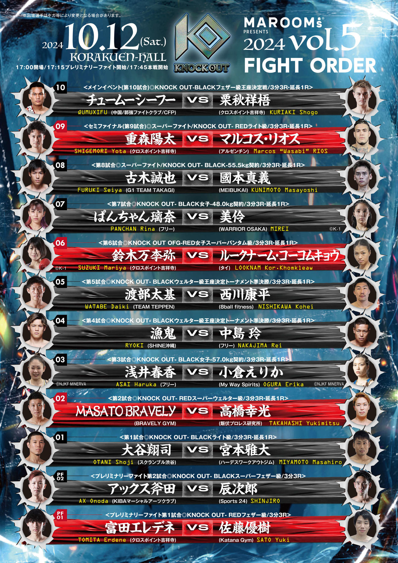 KNOCK OUTは10・12後楽園ホール大会の試合順を発表した（C）KNOCK OUT