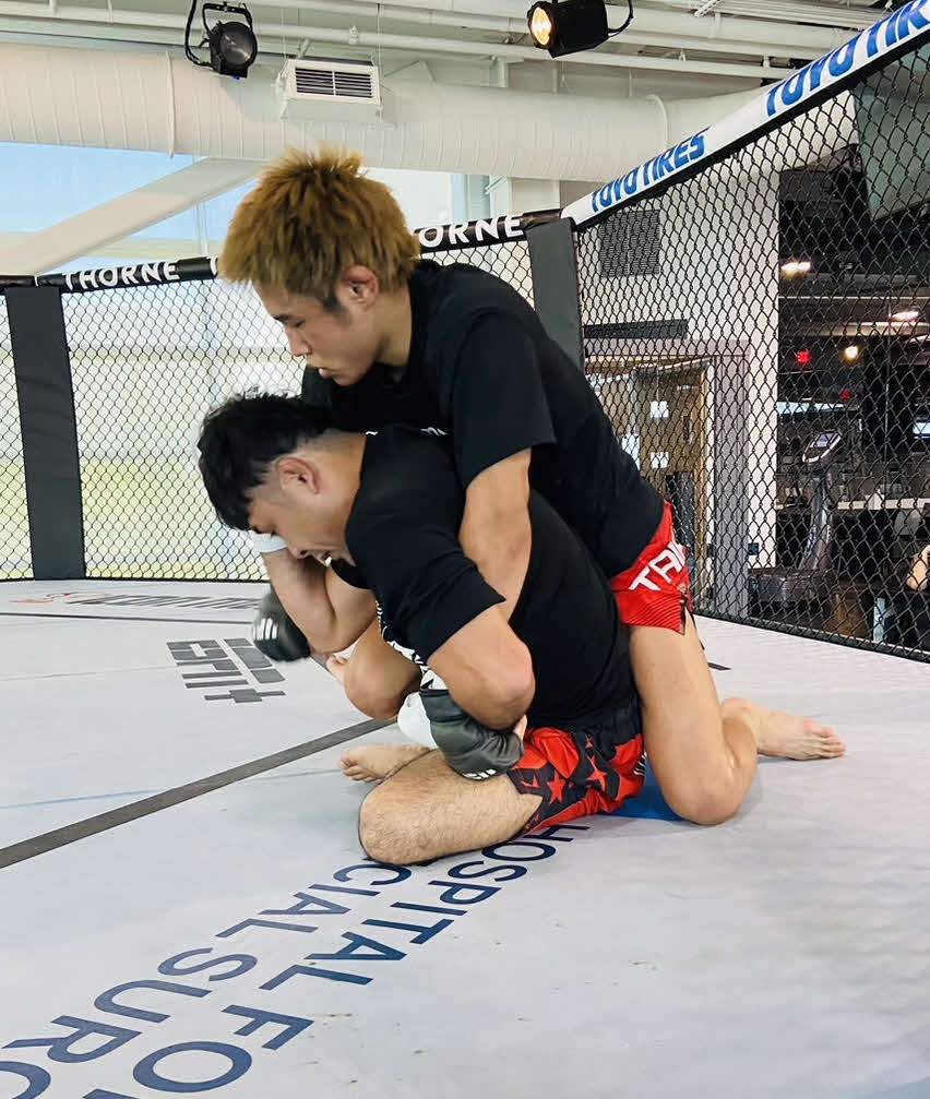 UFCフライ級1位ブランドン・ロイバル戦に向け、グラウンド攻防の調整を続ける同級5位平良達郎（上）（セカンドキャリア提供）