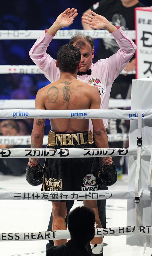 11回、ロサレス（手前）の状態を見て試合を止めるレフェリー（撮影・鈴木みどり）