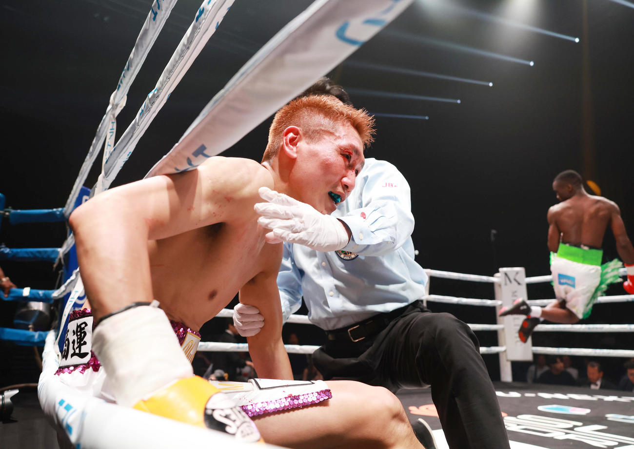 小国以載対フィリップ・ンギーチュンバ　1回、フィリップ・ンギーチュンバ（右）にKO負けした小国以載（撮影・野上伸悟）