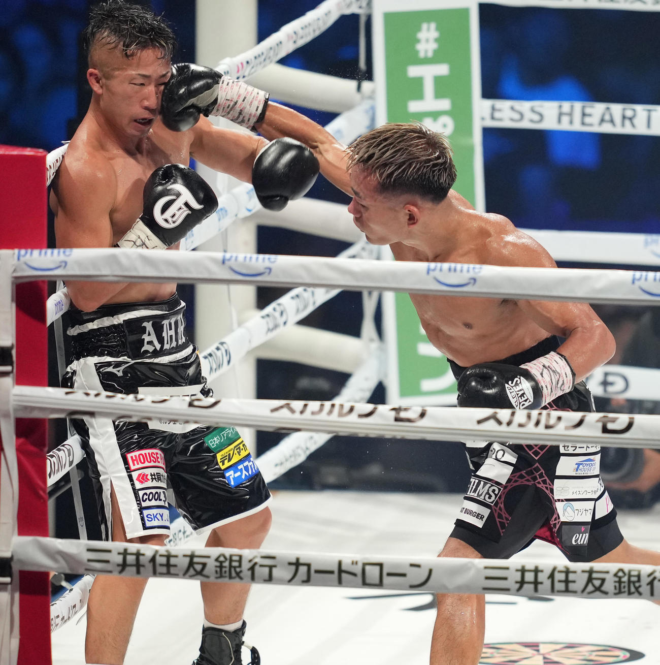 6回、井上拓（左）にパンチを見舞う堤（撮影・鈴木みどり）