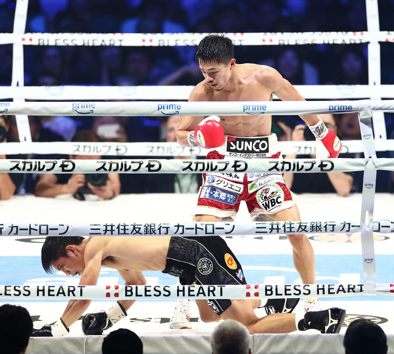 6回、ベッチ（手前）にTKO勝利する中谷（撮影・河田真司）