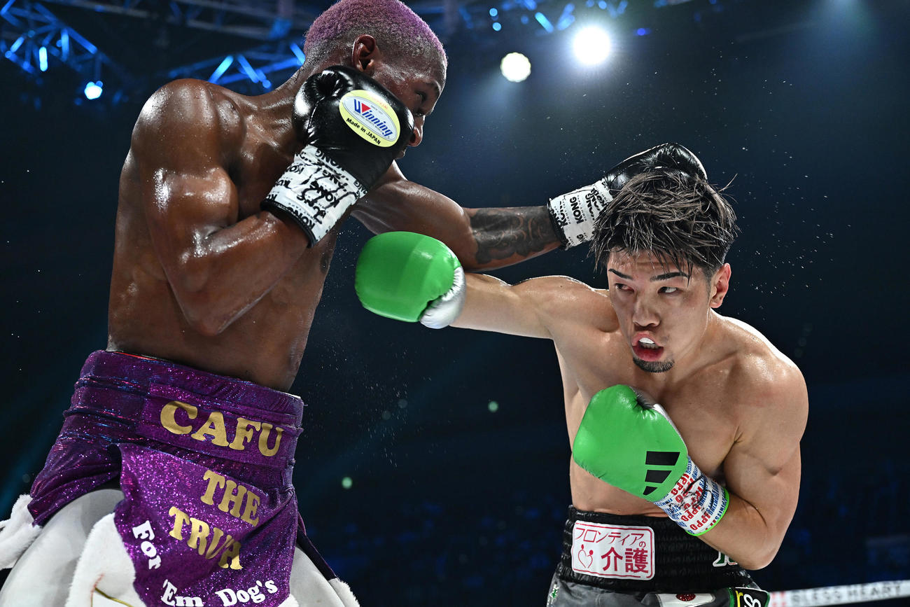 6回、激しく打ち合う田中（右）とカフ（撮影・滝沢徹郎）