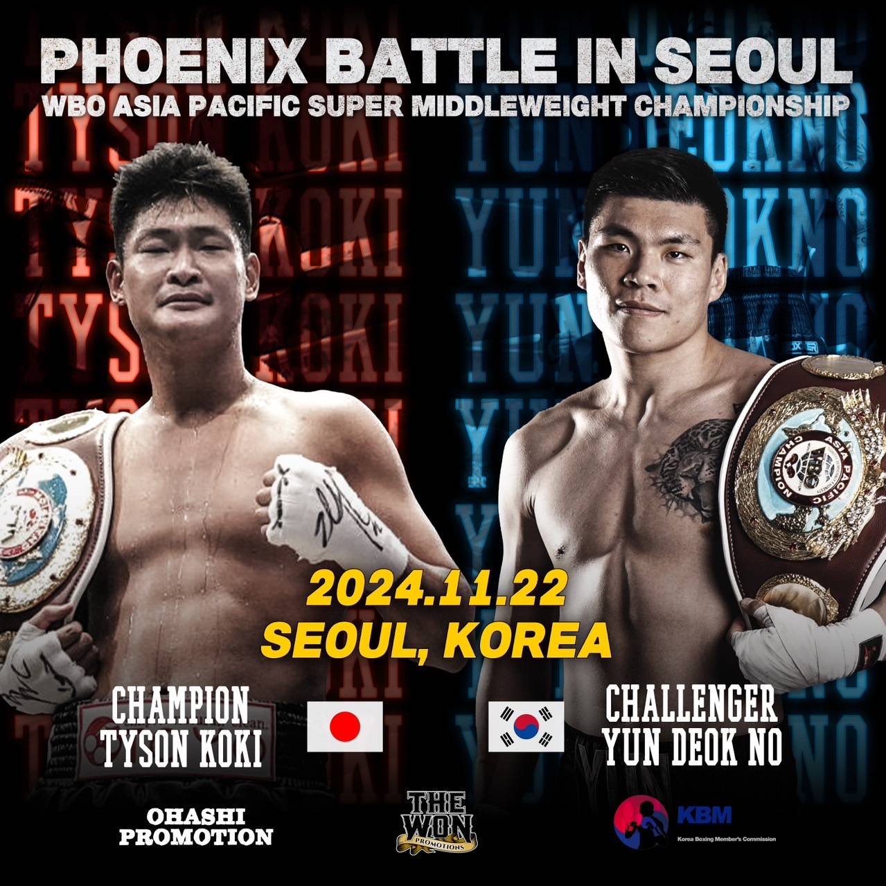 11月22日、韓国・ソウルで初防衛戦に臨むWBOアジア・パシフィック・スーパーミドル級王者帝尊康輝（右）。右は挑戦者の前王者ユン・ドクノ（大橋ジム提供）