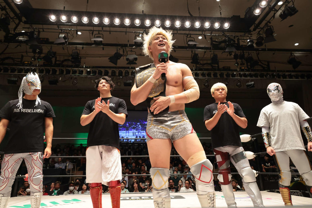 （左から）オール・レベリオンのアレハンドロ、小澤、清宮、拳王、クリストバル（C）プロレスリング・ノア