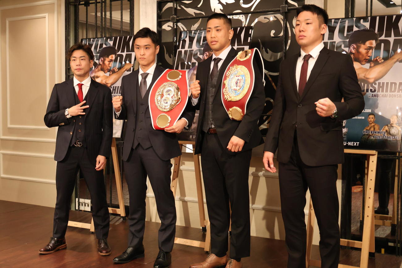会見に出席した4選手。左から谷口将隆、西田凌佑、国本陸、竹迫司登（撮影・竹本穂乃加）