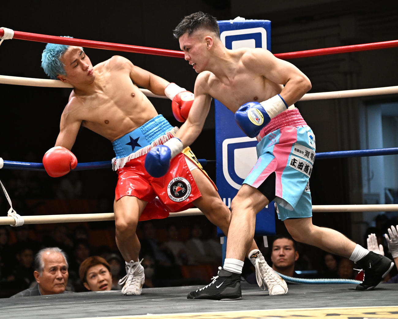バンタム級4回戦、柳（左）攻める西屋（撮影・千葉一成）
