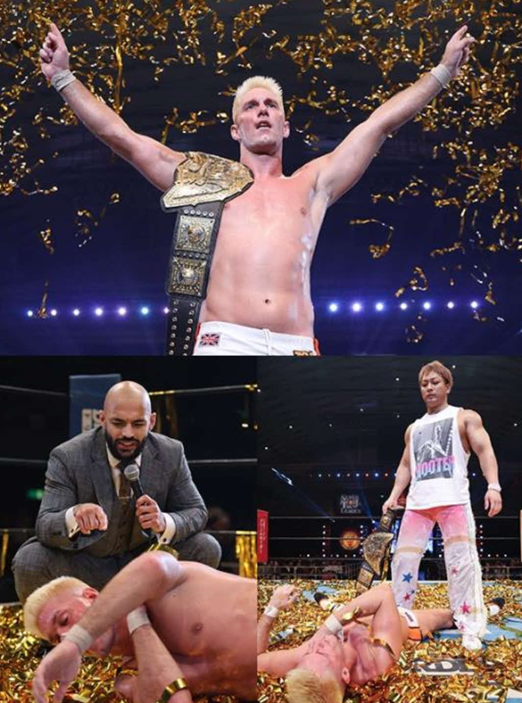 V2を果たしたザックだったが、リコシェ（左下）、海野翔太（右下）から挑戦を直訴された（新日本プロレス公式Xから）