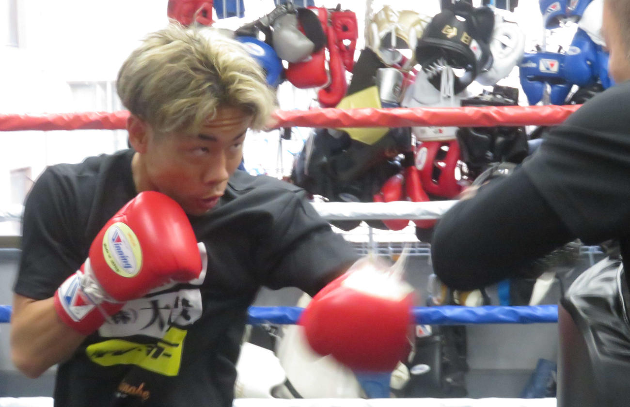 公開練習でミット打ちする元WBO世界ミニマム級王者谷口将隆（左）