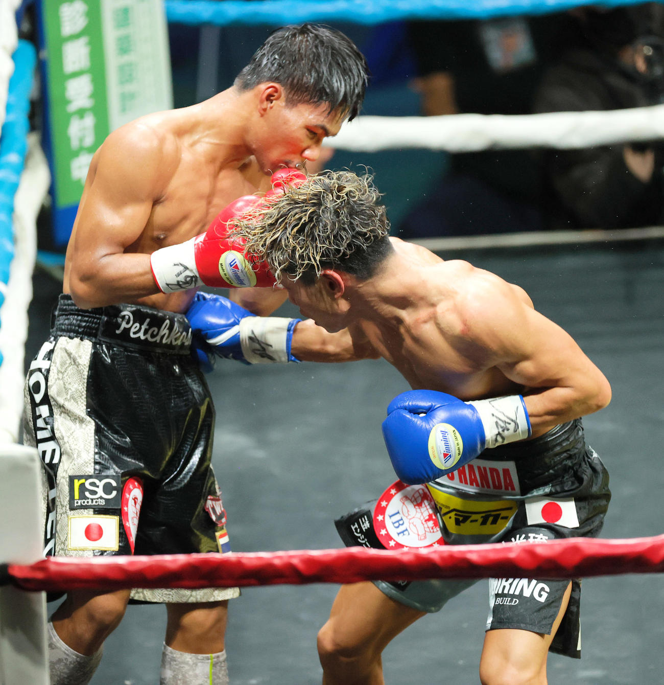 IBF世界Lフライ級2位決定＆OPBF東洋太平洋タイトルマッチ12回戦　タノンサック・シムシー対谷口将隆　9回、谷口（右）はタノンサック・シムシーにボディを浴びせる（撮影・上山淳一）
