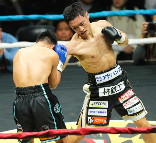 IBF世界バンタム級タイトルマッチ　西田凌佑対アヌチャイ・ドンスア　6回、西田（右）はボディを浴びせる（撮影・上山淳一）