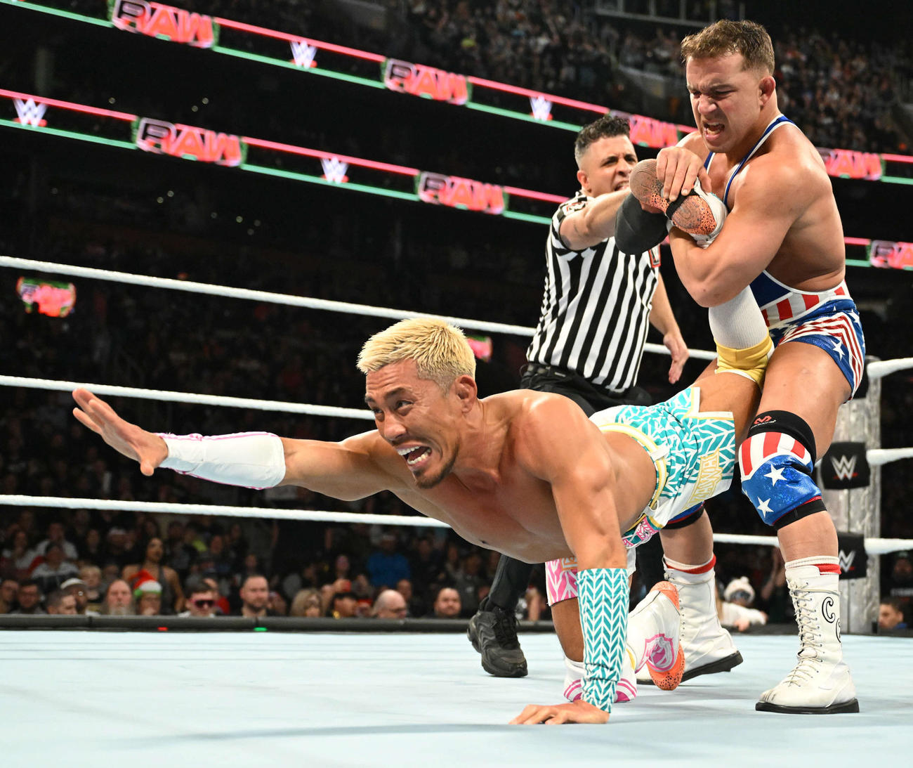 シャド・ゲイブル（右）に足首固めで苦しめられ、ギブアップした戸澤陽（C）WWE