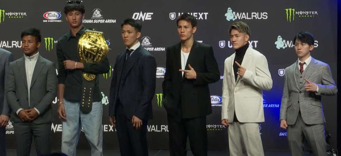 会見に出席した（左から）ロッタン、ナビル・アナン、野杁正明、海人、龍聖、吉成名高（U－NEXT公式YouTubeから）