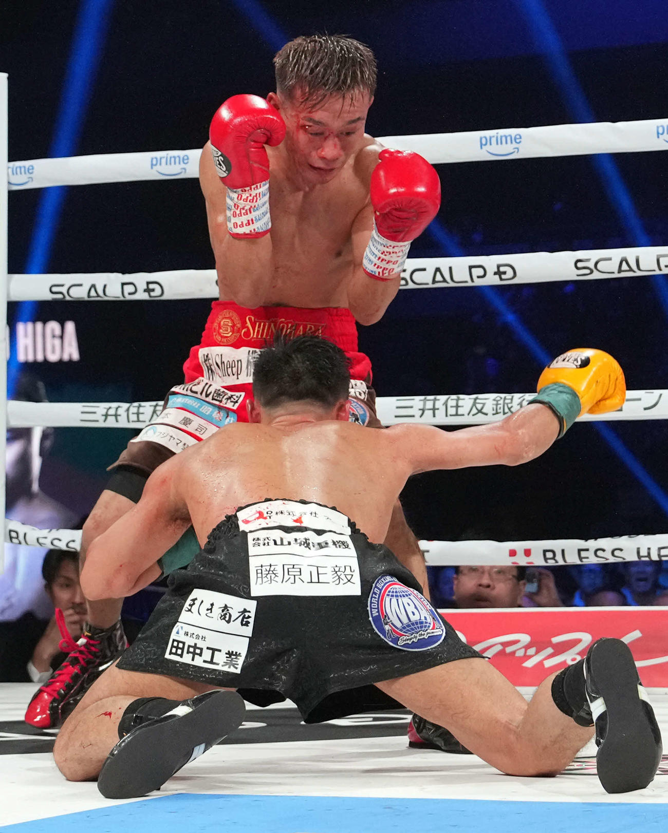 9回、比嘉からダウンを奪う堤（撮影・たえ見朱実）