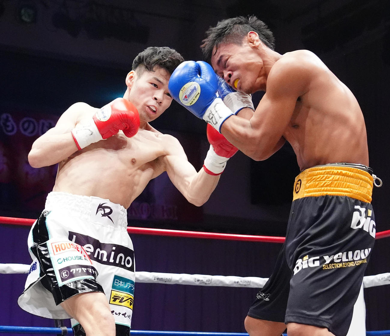 大橋蓮対レイカー・アウグジリオ　1回、アウグジリオ（右）にアッパーを決める大橋（撮影・江口和貴）