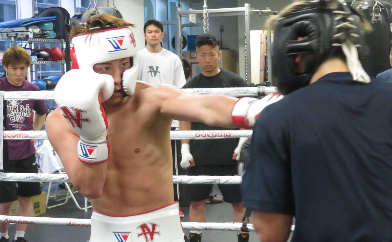 日本スーパーフェザー級2位砂川隆祐（右）との6回のスパーリングを消化した4団体統一スーパーバンタム級王者井上尚弥