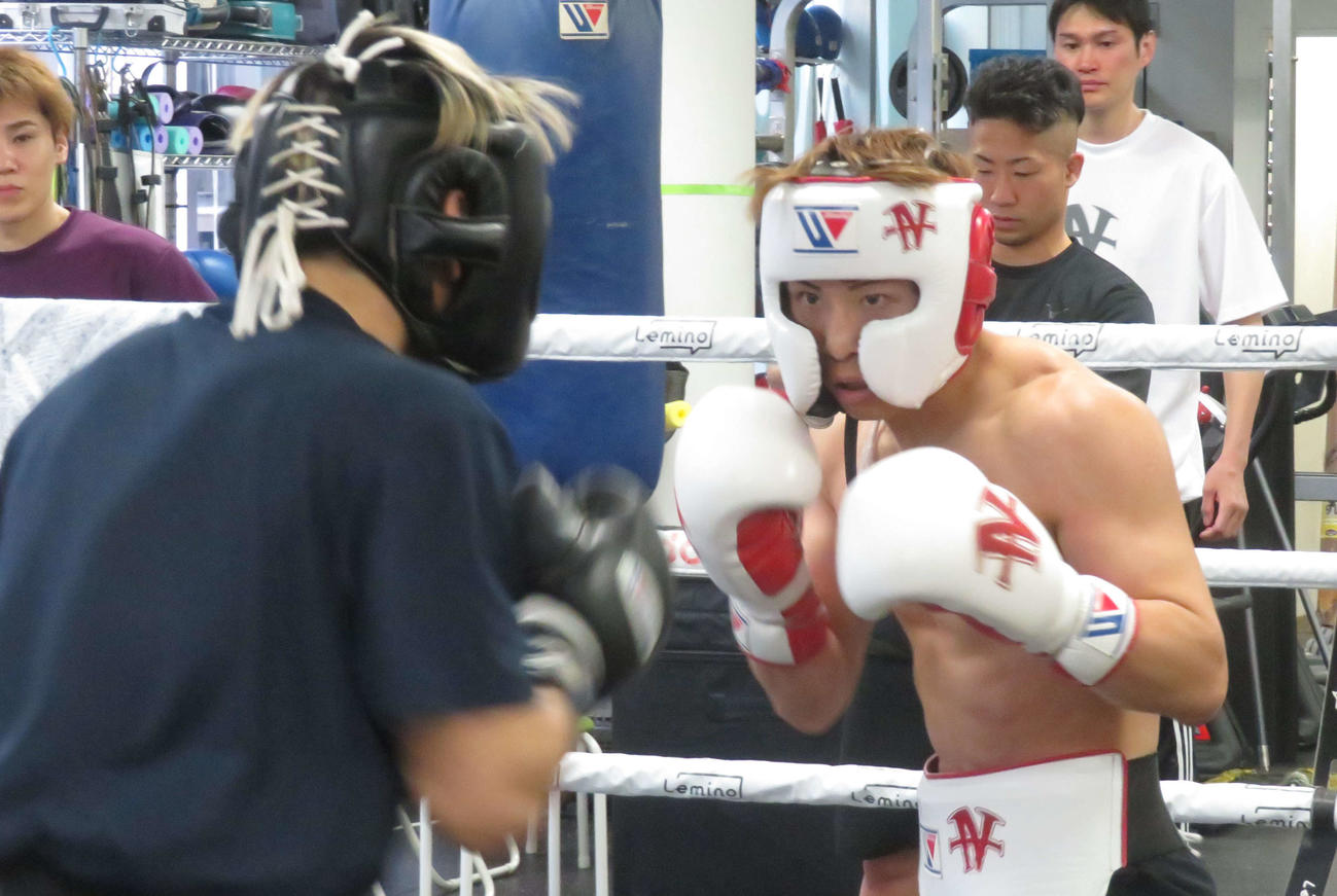 日本スーパーフェザー級2位砂川隆祐（左）と緊張感あふれるスパーリングを消化した4団体統一スーパーバンタム級王者井上尚弥