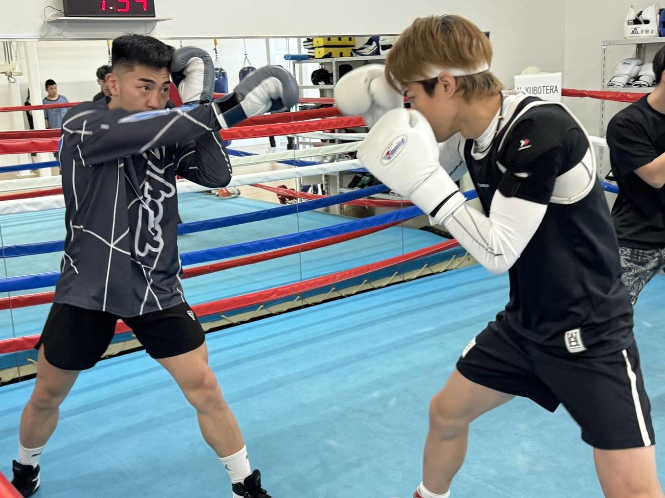 小田原合宿でジムワークに取り組むIBF世界スーパーフェザー級3位の力石政法（右）（大橋ジム提供）