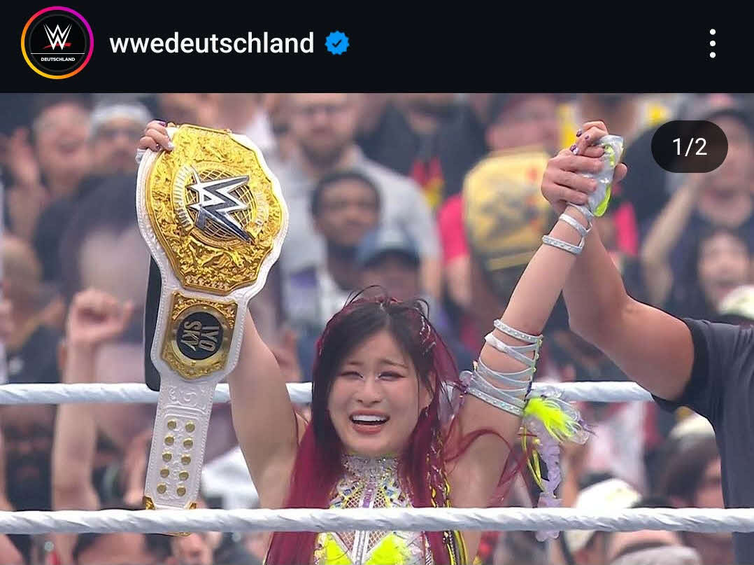 レッスルマニア41大会で王座防衛に成功したWWE女子世界王者イヨ・スカイ（WWEドイツ公式インスタグラムから）
