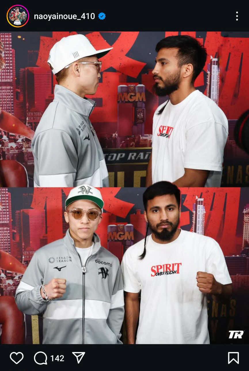 米ロサンゼルスで公開練習に臨んだ井上尚弥（左）は挑戦者のラモン・カルデナスと対面（井上の公式インスタグラムから）