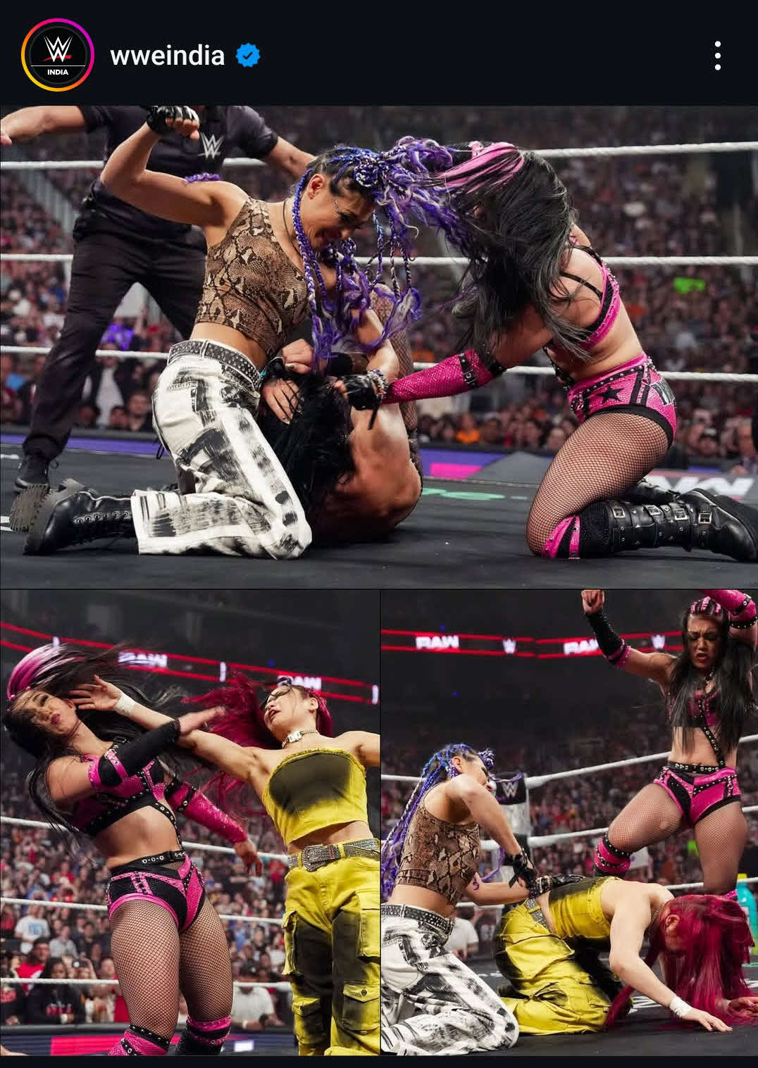 ジュリア（上段写真左端）らと抗争を繰り広げたイヨ・スカイ（下段左写真右）（WWEインド公式インスタグラムから）