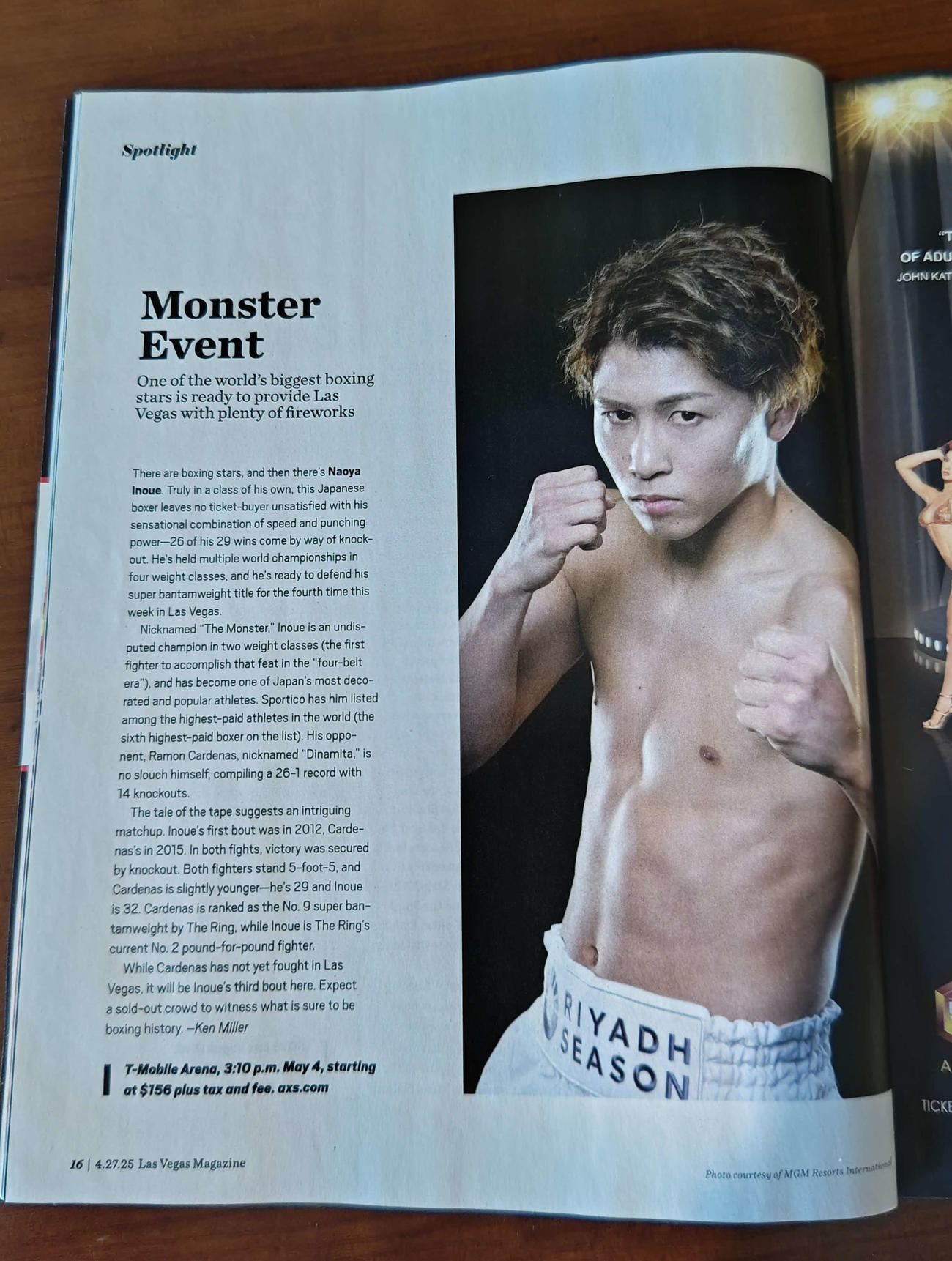 現地発行のエンターテインメント雑誌ラスベガス・マガジンに掲載された井上尚弥の記事