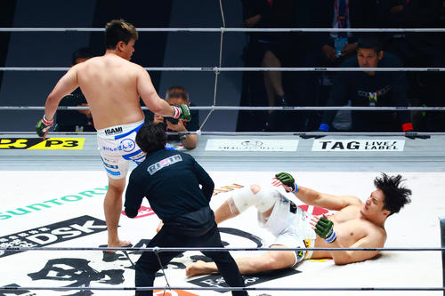 上田（左）はローキックでシビザイにKO勝ちした（撮影・中島郁夫）
