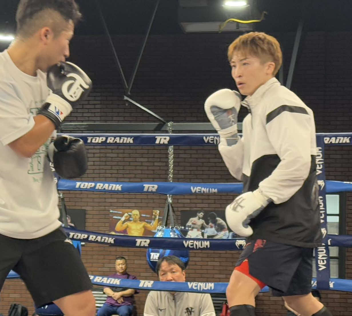 弟拓真（左）と軽めのスパーリングで汗を流した井上尚弥（大橋ジム提供）