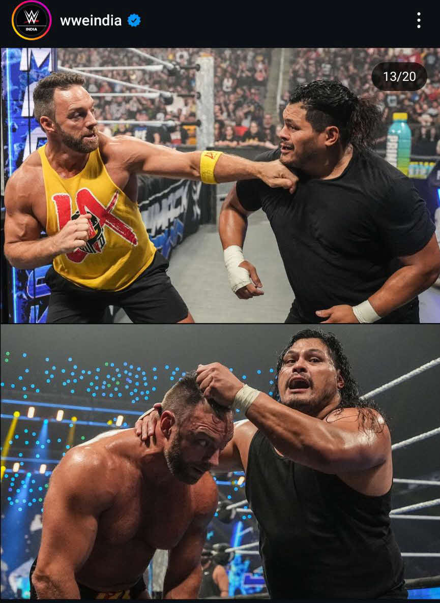 LAナイト（上下とも左）に勝利した新リングネーム「JCマテオ」ことジェフ・コブ（WWEインド公式インスタグラムから）