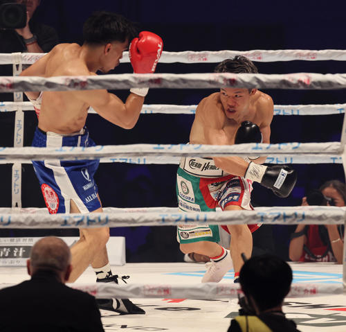 IBF世界フェザー級タイトルマッチ　3R、アンジェロ・レオを攻める亀田和毅（撮影・宮崎幸一）
