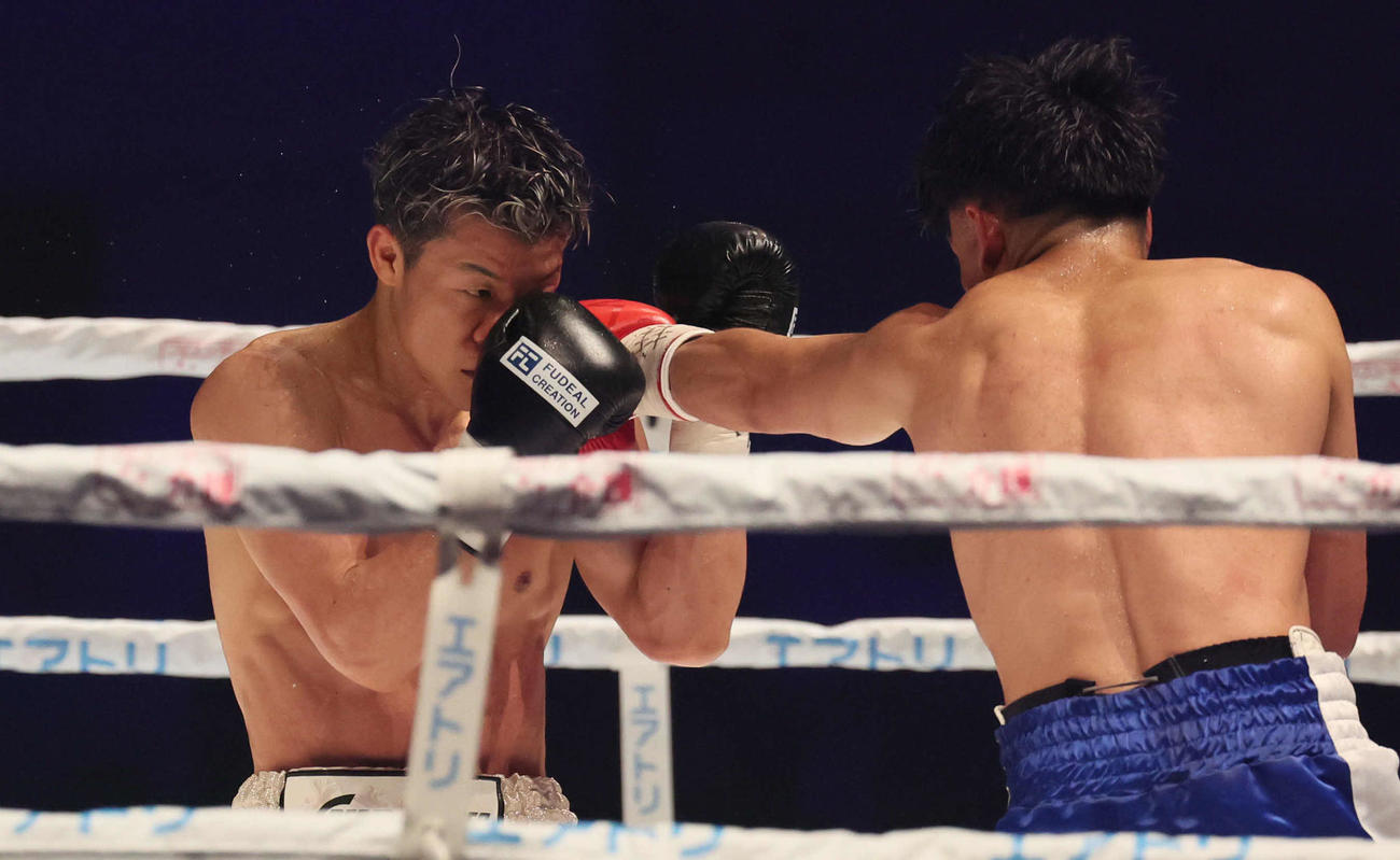 IBF世界フェザー級タイトルマッチ　6R、亀田和毅はクリンチからアンジェロ・レオのパンチを顔面で受ける（撮影・宮崎幸一）