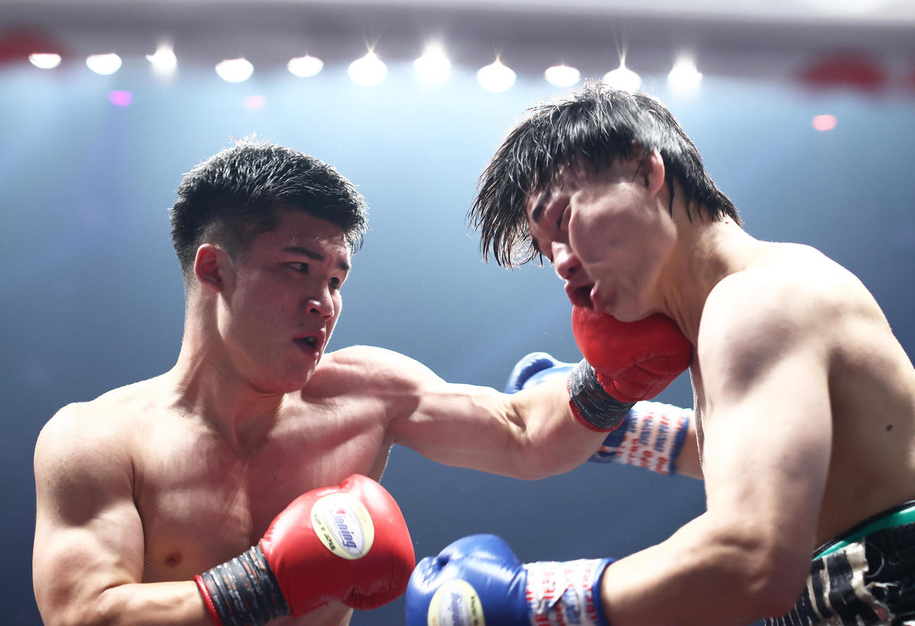 2回、田中（左）の左が小畑の顔面をとらえる（撮影・河田真司）