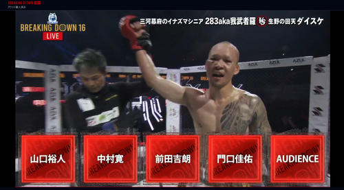 延長判定勝利したダイスケ（右）（ABEMA放送から）