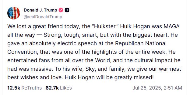 トランプ大統領のホーガンさんへの追悼メッセージ（トランプ大統領のトゥルース・ソーシャルから）