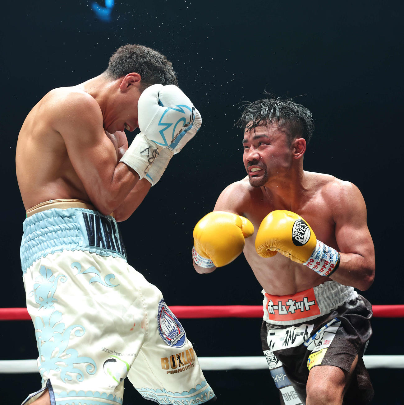 8回、バルガス（左）と激しく打ち合う比嘉（撮影・宮地輝）