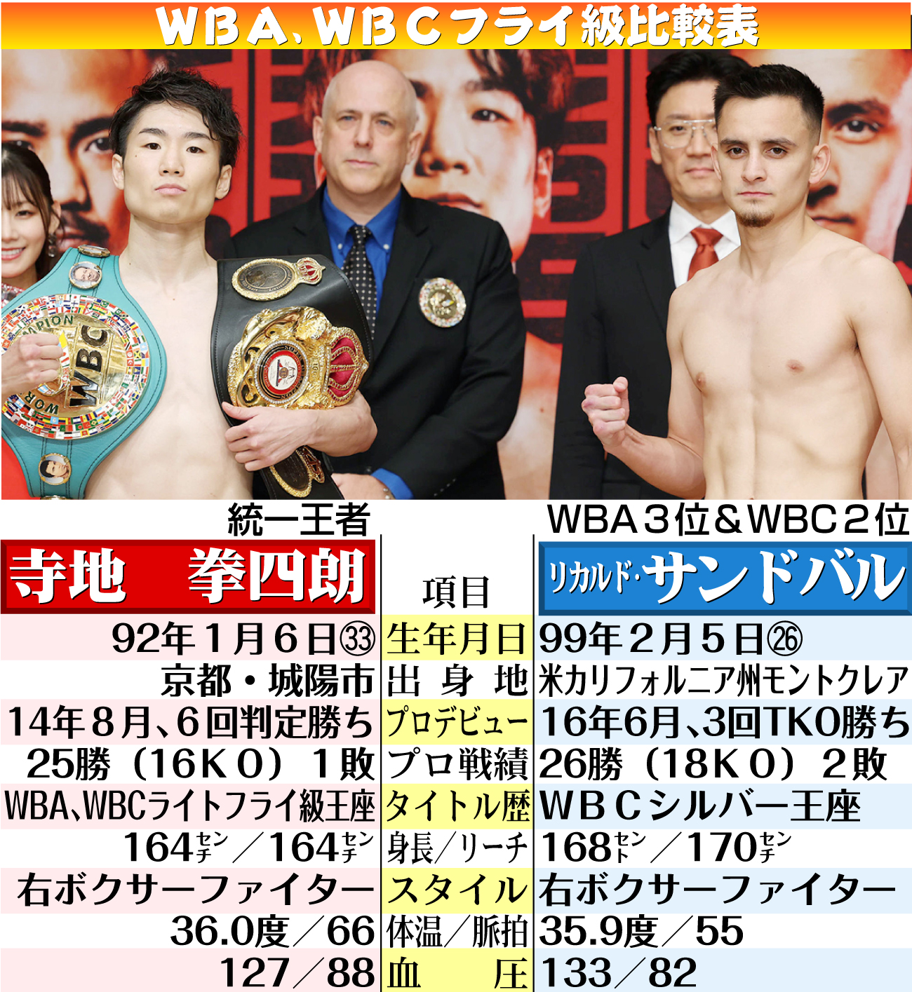 【イラスト】寺地vsサンドバル　ＷＢＡ、ＷＢＣフライ級比較表