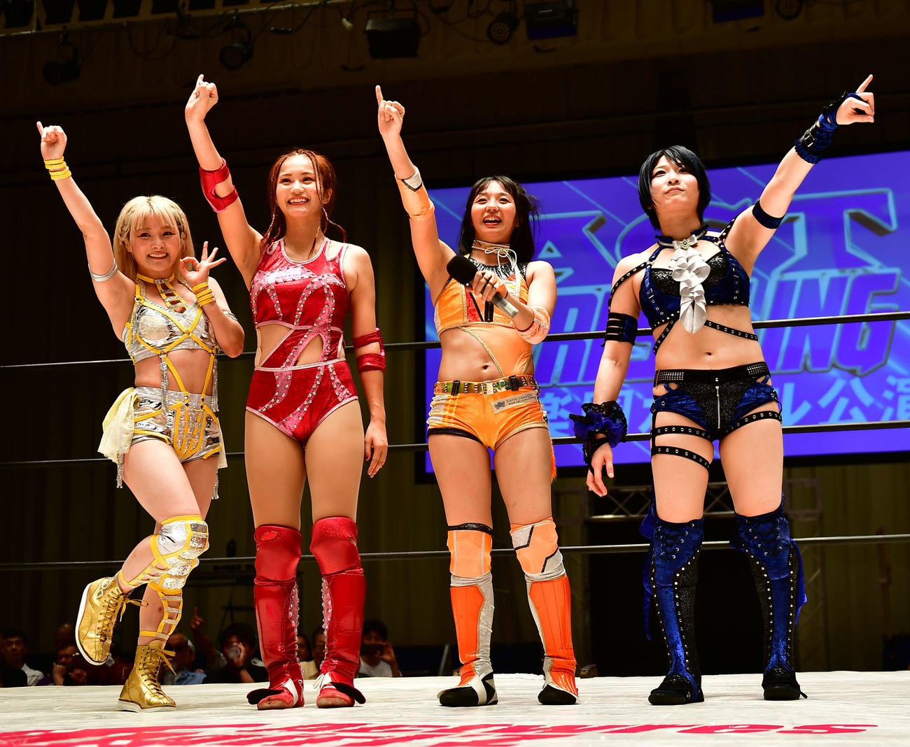 「ACT WRESTLING」のアクトレスガールズ10周年記念試合に出場した、左から、なつぽい、植原ゆきな、夏葵、安納サオリ（撮影・松尾幸之介）