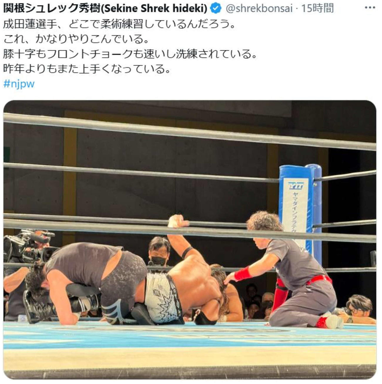 関根“シュレック”秀樹が新日本プロレスの成田蓮を高く評価した（関根のXから）