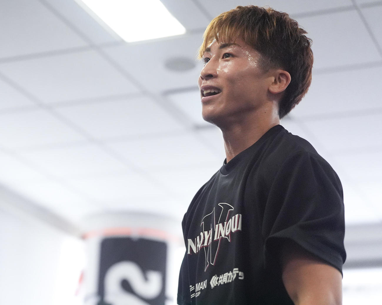 公開練習を終えた4団体統一スーパーバンタム級王者の井上尚（撮影・鈴木みどり）